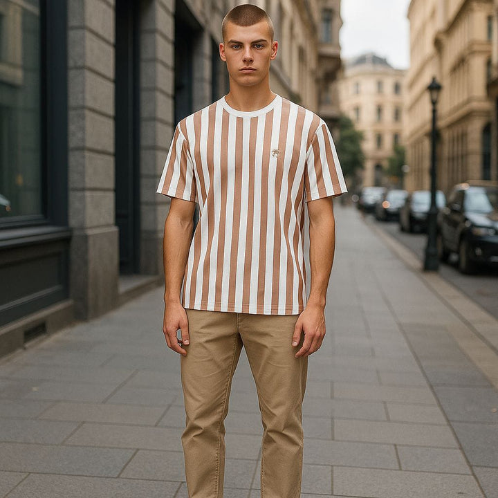 Mens Vertical Stripe Casual T-Shirt- z Beige& White SizeL