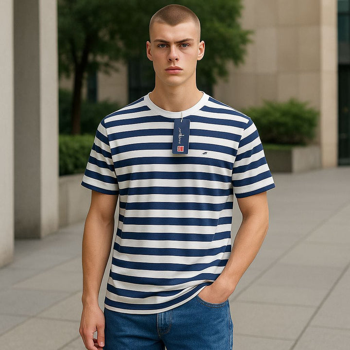 Mens Classic Navy &White Striped Crew Neck T-shirt