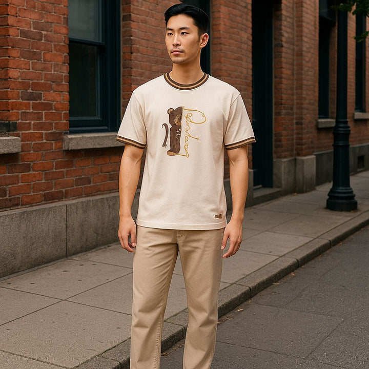 Beige Casual T-shirt With Brown Bear Graphic & Contrast Trim SizeM