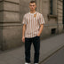 Mens Vertical Stripe Casual T-Shirt- z Beige& White SizeL