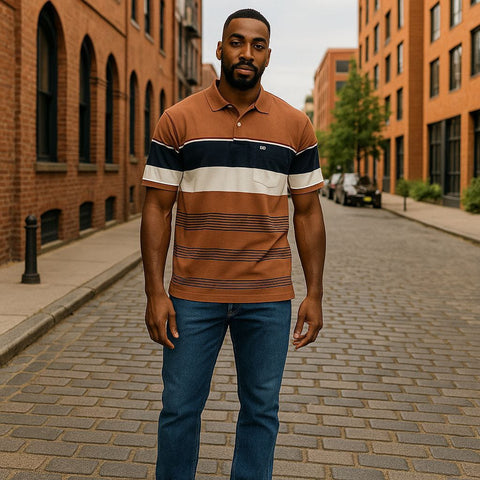 Mens Casual Striped Polo Shirt-Chestpocket Short Sleeve