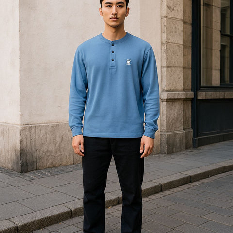 Mens Casual Blue Henley Long Sleeve T-shirt Size Xl