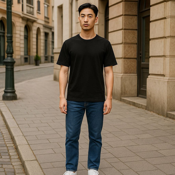 Mens Classic Black Crew Neck T-shirt & Straight -Fit Black Jeans Set M.L