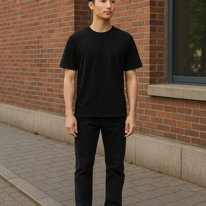 Mens Classic Black Crew Neck T-shirt & Straight -Fit Black Jeans Set M.L