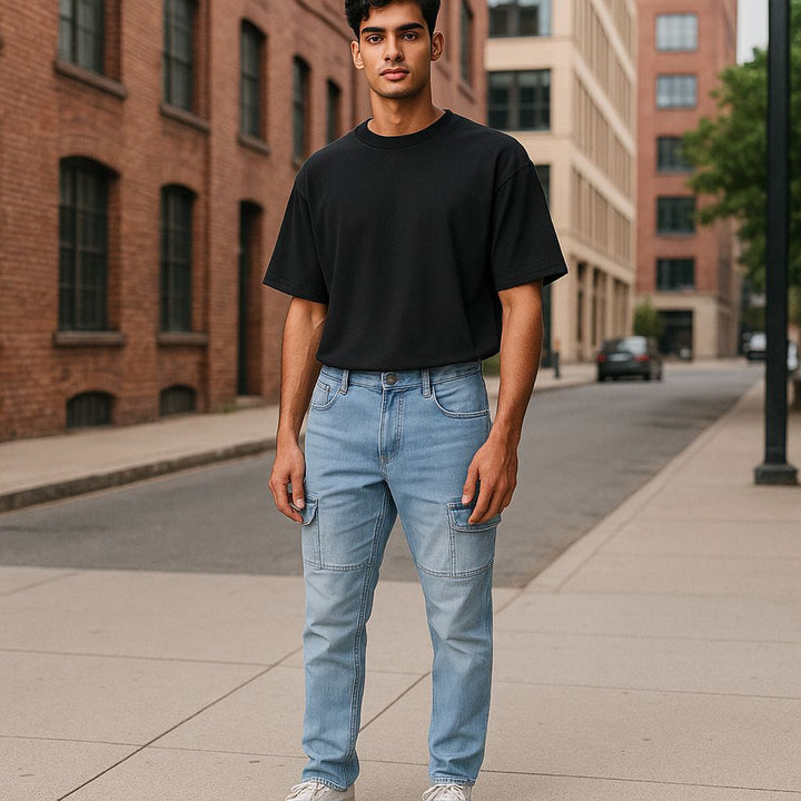 Amiri Mens Light Blue Cargo Denim Jeans  With Embroidered Detail With Side Pocket Size32