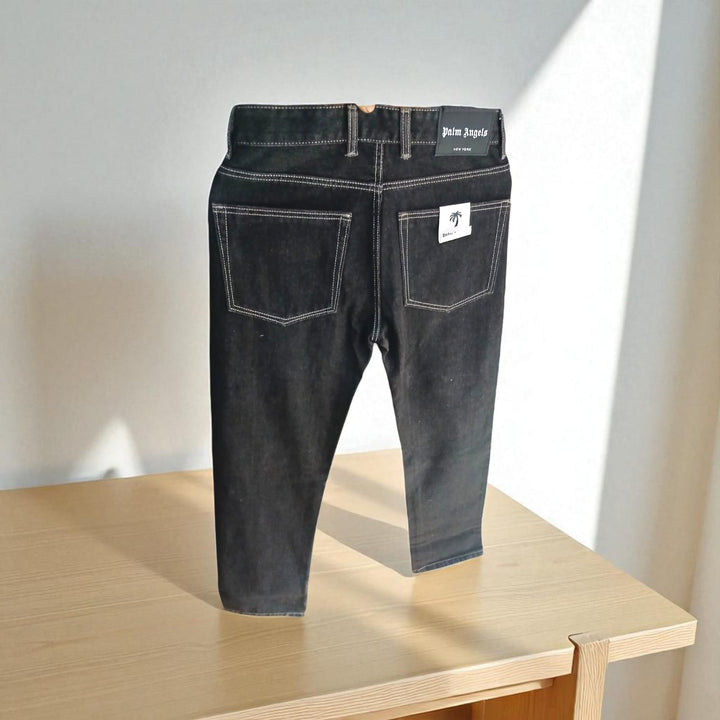 Mens Black Denim Cargo Jeans With Palm Leaf Embroidery