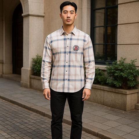 Mens Casual Peach & Navy Checkered Cotton Shirt Size Xl