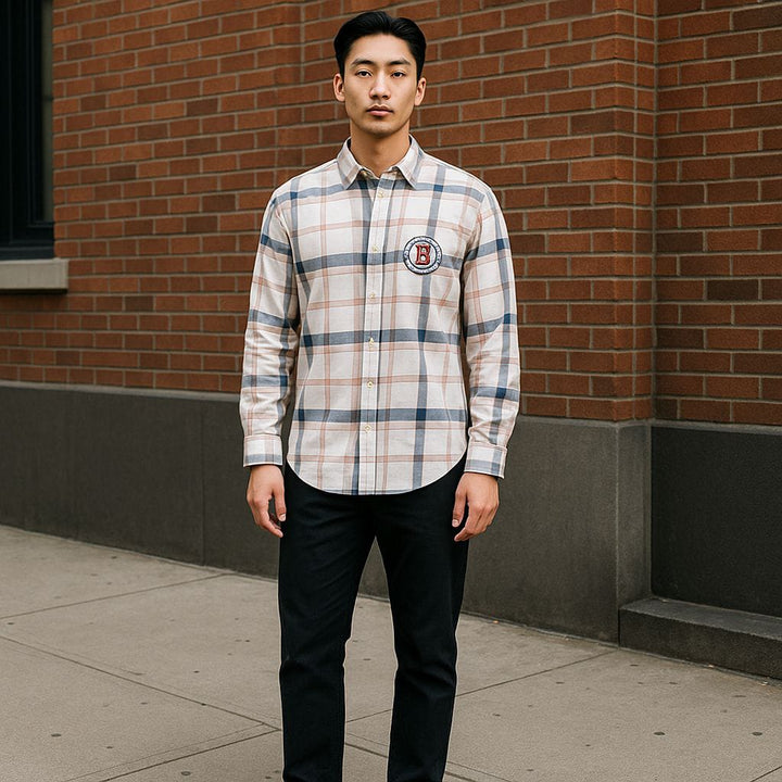 Mens Casual Peach & Navy Checkered Cotton Shirt Size Xl