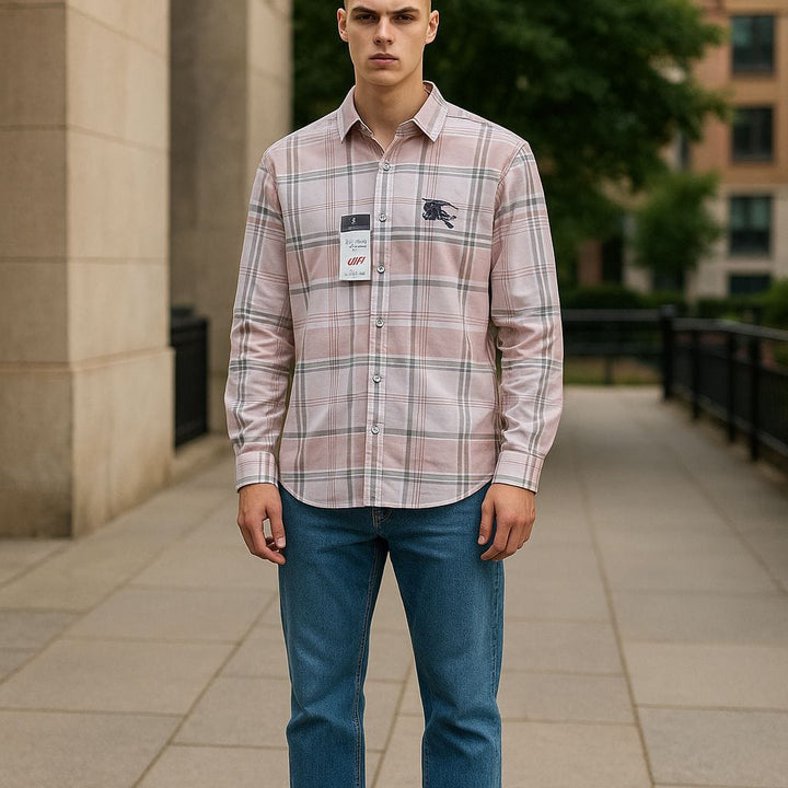 Mens Casual Checkered Shirt -Burberry Style Pink& White Plaid SizeXl