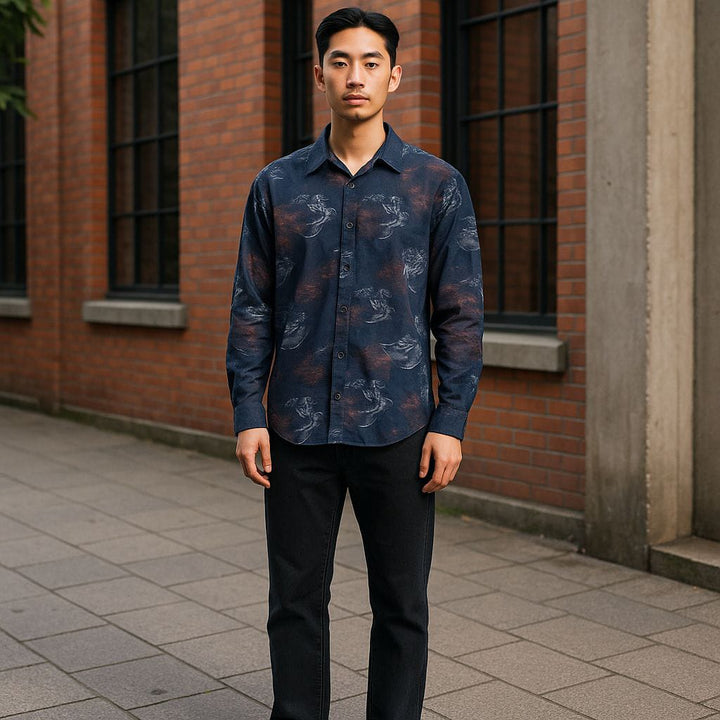 Mens Navy Blue Artistic Printed Casual  Shirt Size Xl