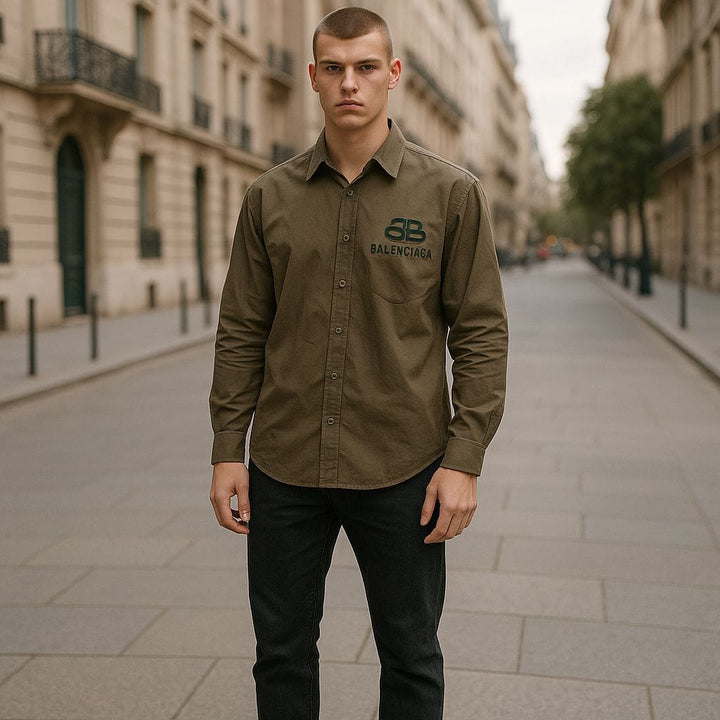 Mens Olive Green Casual Shirt With Balenciaga-inspired logo