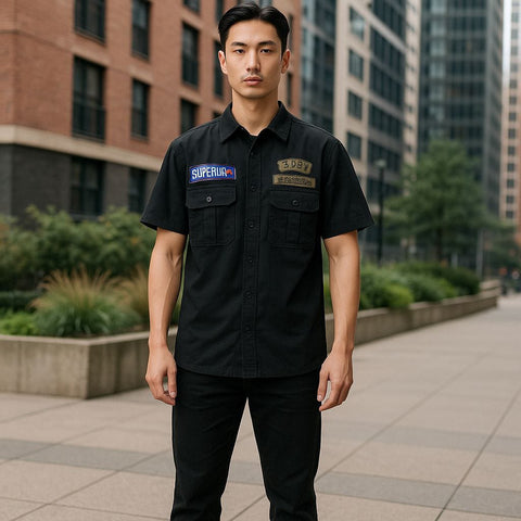 Mens Black Military-Inspired Short Sleeve Shirt SizeXl