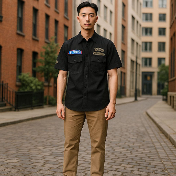 Mens Black Military-Inspired Short Sleeve Shirt SizeXl